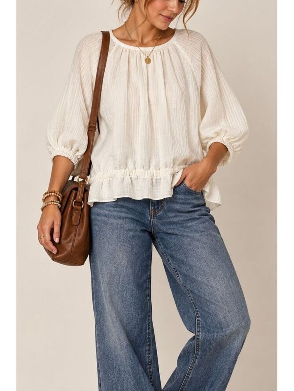 Cotton Gauze Blouse Ivory Balloon Sleeve Ruffle Hem Coastal Boho Womens Medium